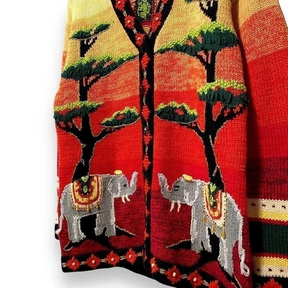 Vintage Handknit Elephants in the African Serengeti Desert Cardigan Sweater M - Picture 4 of 10
